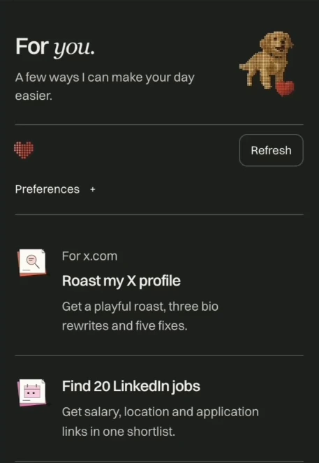 The Chrome extension’s For you feed offers an X profile review and a LinkedIn job shortlist.