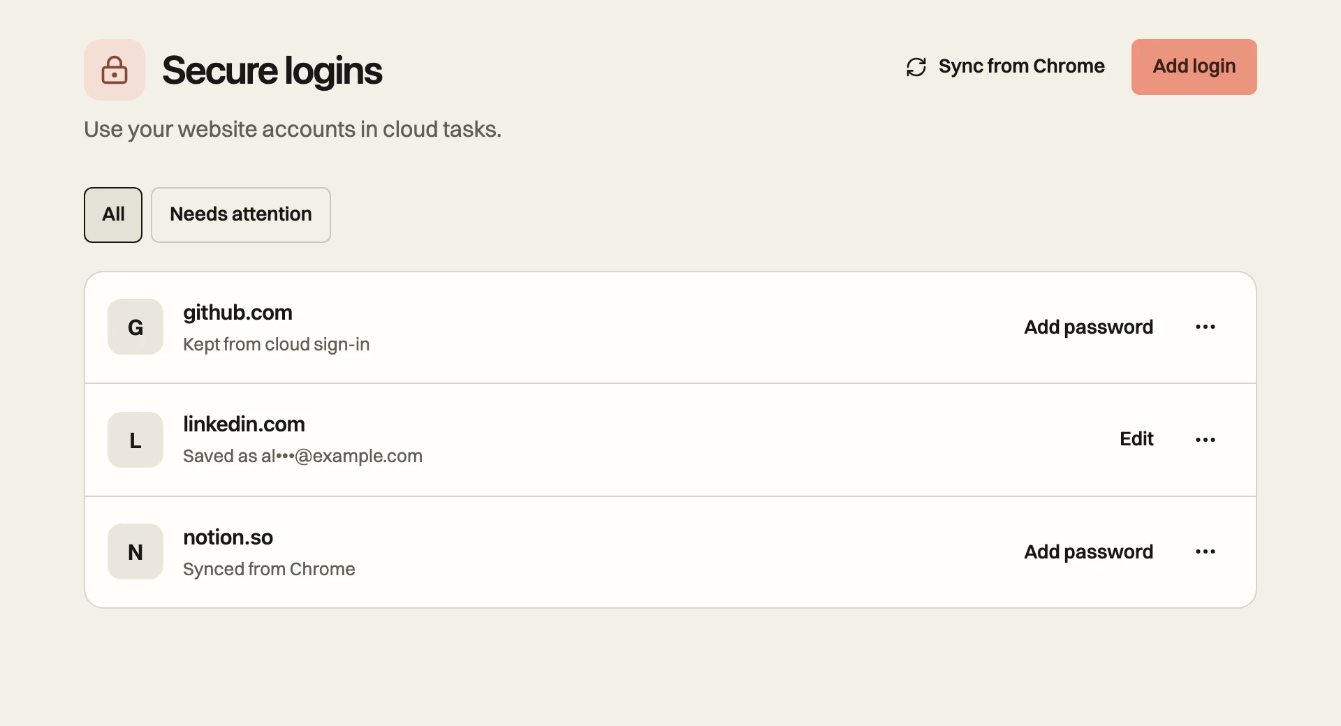 Secure logins in Retriever Cloud: Add login, Sync from Chrome, and accounts organized by site. Example accounts shown.