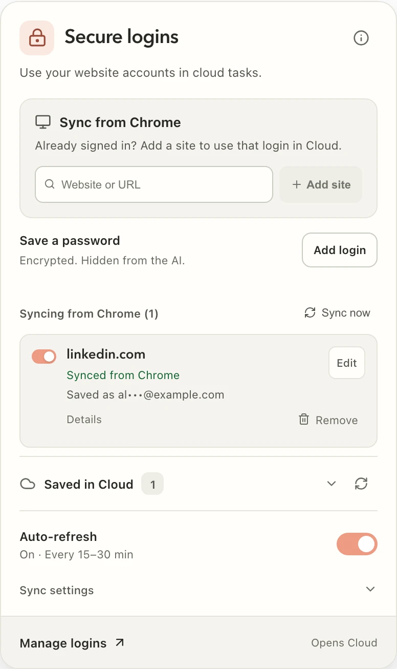 Relay’s Secure logins panel, with selected sites, Sync now, and Auto-refresh. Example accounts shown.