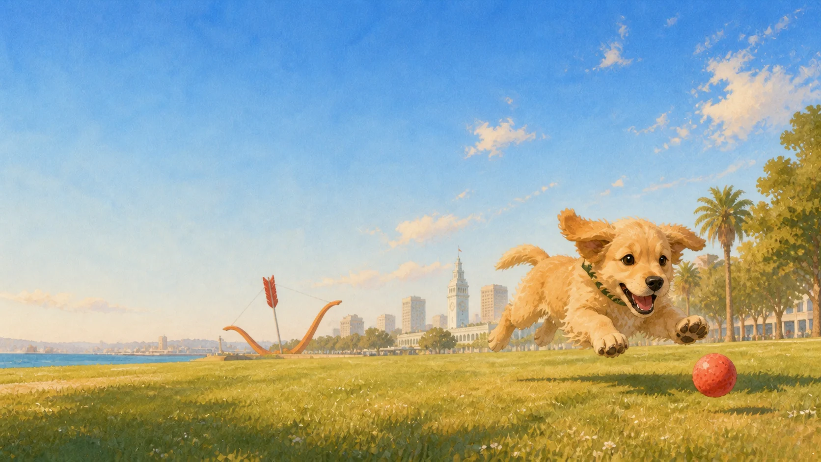 A golden retriever mid-sprint in a sunlit park, off to fetch.