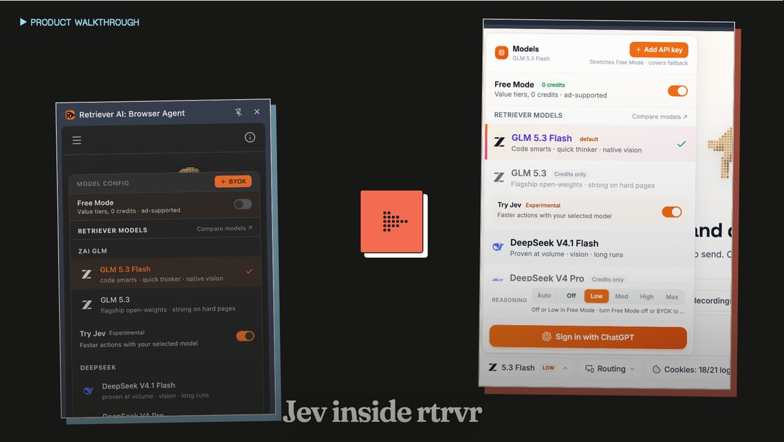 Jev inside rtrvr, product walkthrough: the Try Jev toggle in the extension and in Cloud. Play the video on YouTube.