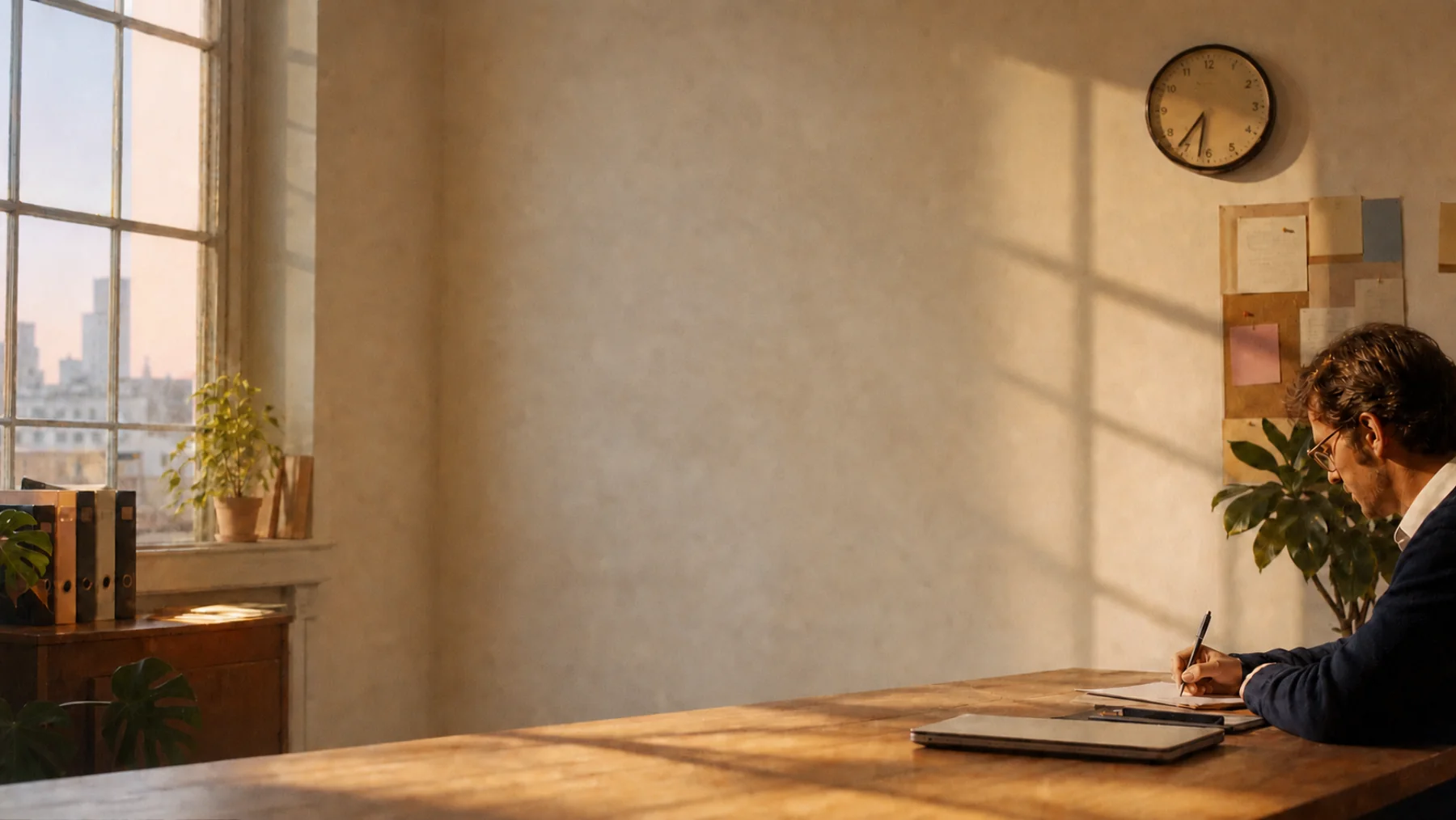 A customer engineer finishing notes in a warm, grainy first-light office