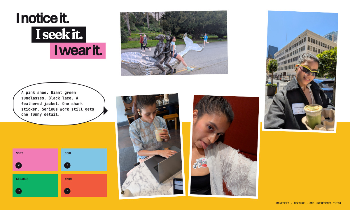 A personal lookbook of Bhavani with public art, lime sunglasses, blue flowers, a feathered jacket, and bright palette cards
