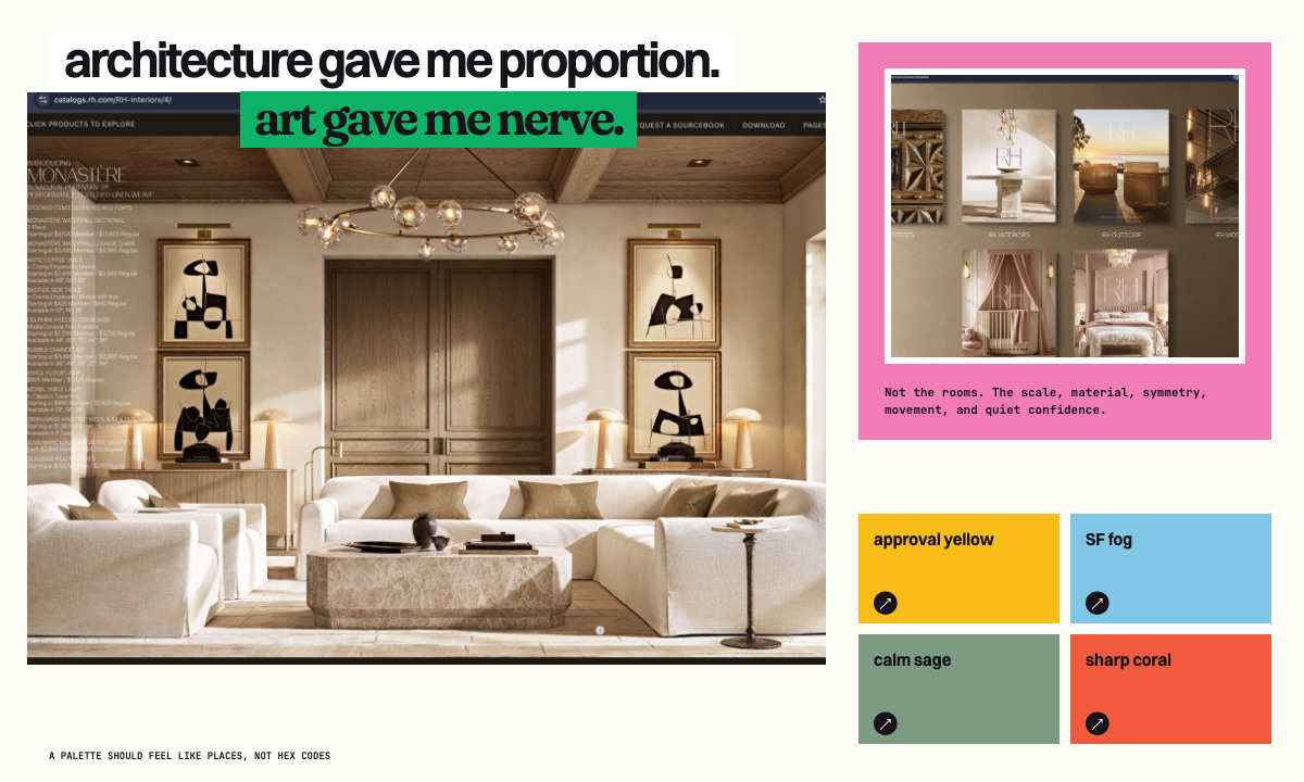 A reference board combining RH composition studies with a bright editorial palette